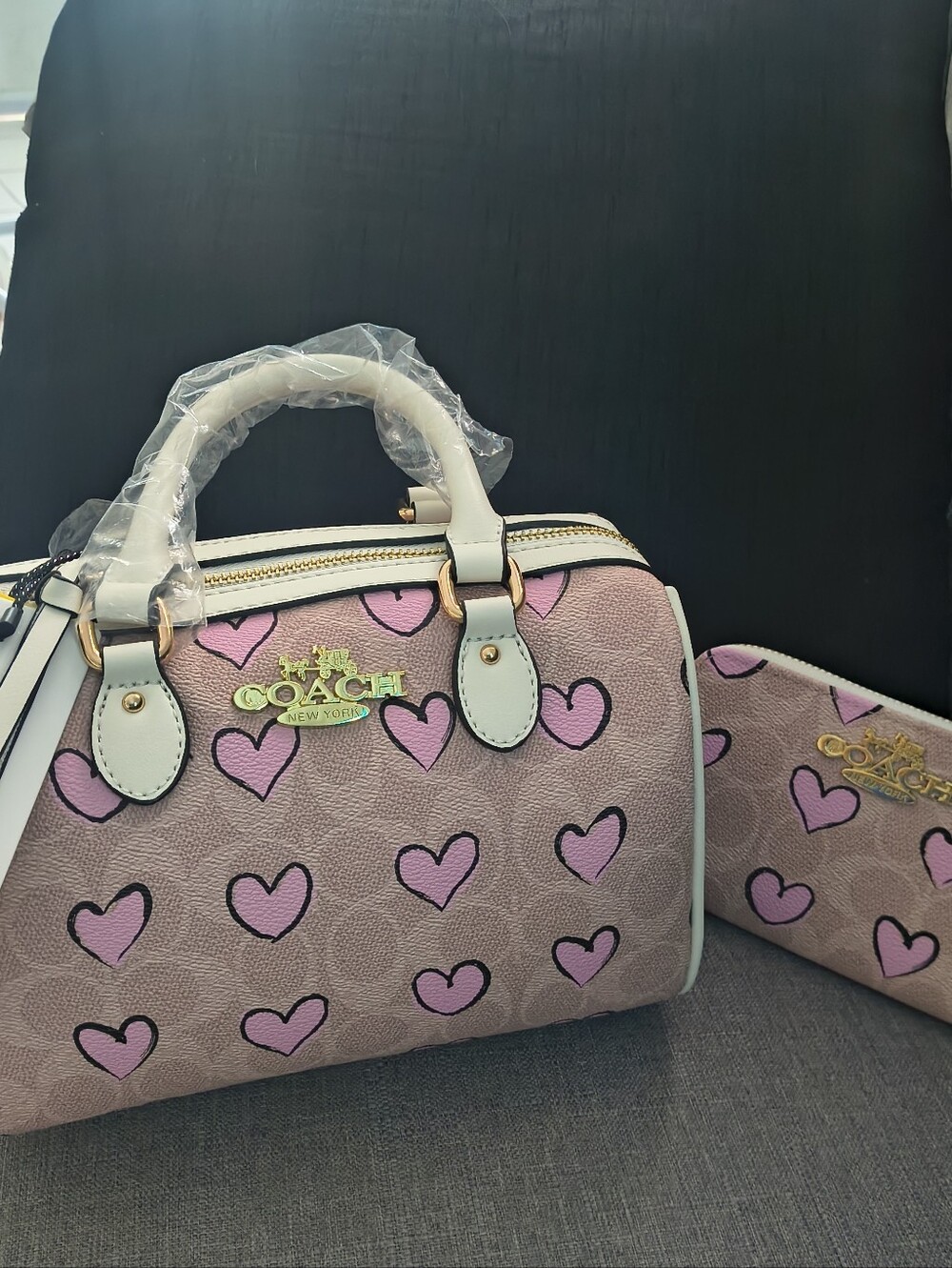 Coach Pink Heart-Print Satchel with White Trim and Matching Wallet